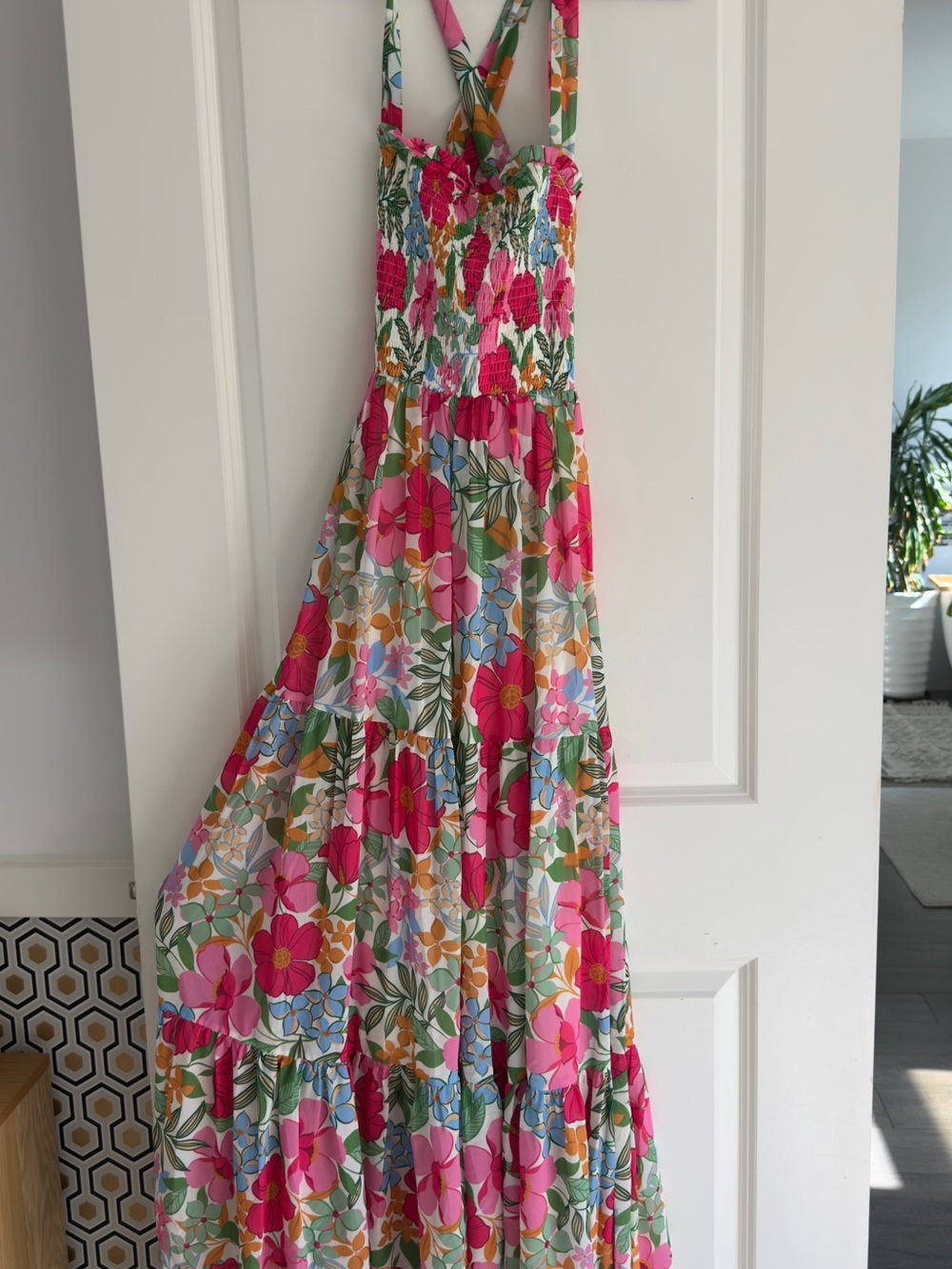 VICI Floral Smocked Maxi Dress with Crossback Straps - Pink Multi M